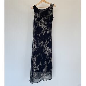 Vtg Y2K Black Floral Sequin Sleeveless Dress Sz 10 Fairycore Goth Asymmetrical